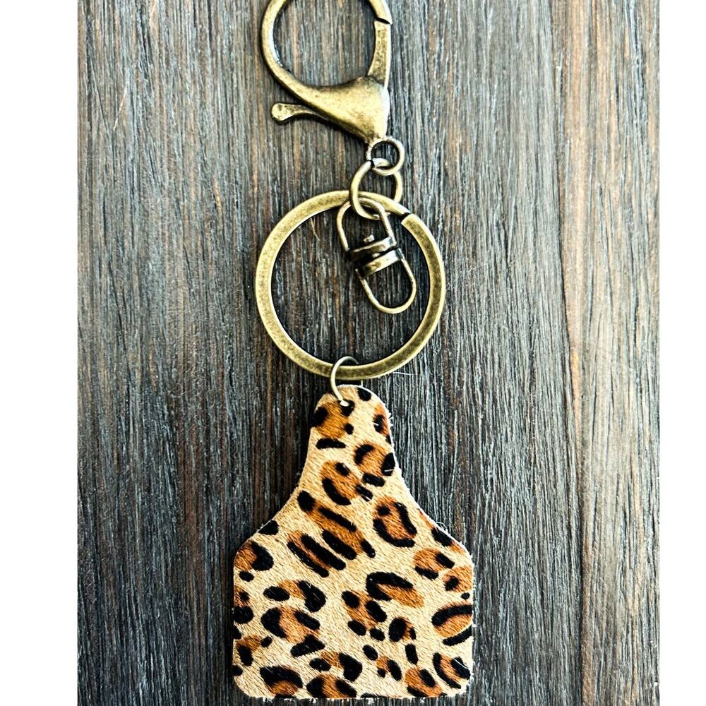 Tan Cheetah Print Western Cow Tag Keychain Bag Charm